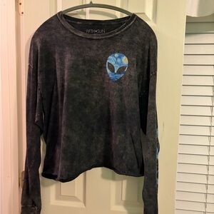 Fifth Sun Charcoal and Blue Alien Long Sleeve Tee